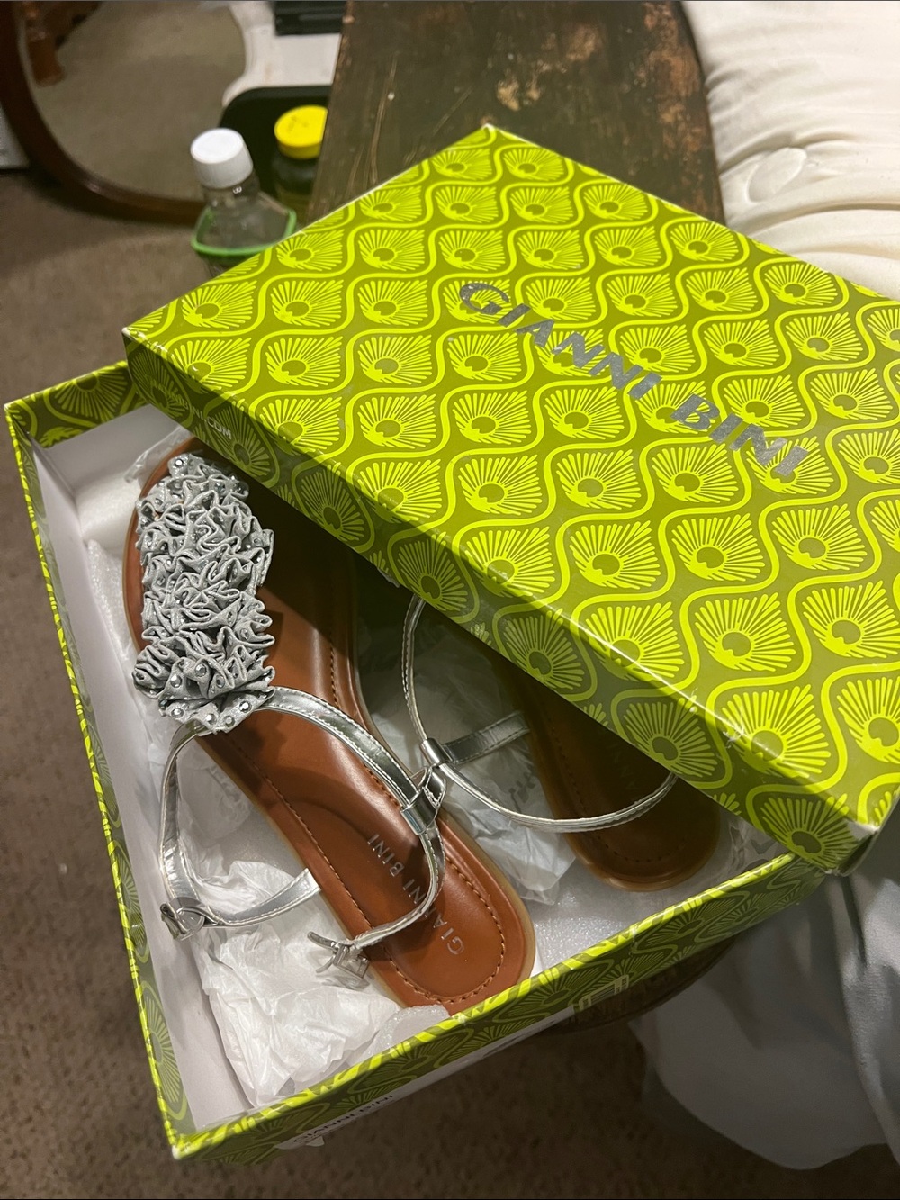 Gianni Bini Silver Ruffle T-Strap Sandals with Brown Footbed